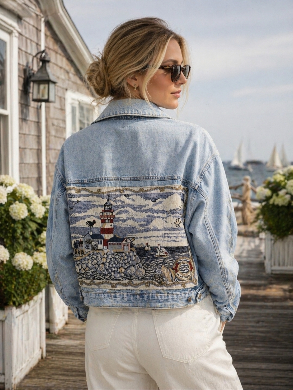 Zara Upcycled Coastal Tapestry Jean Jacket Size XS Oversized Lighthouse Coast